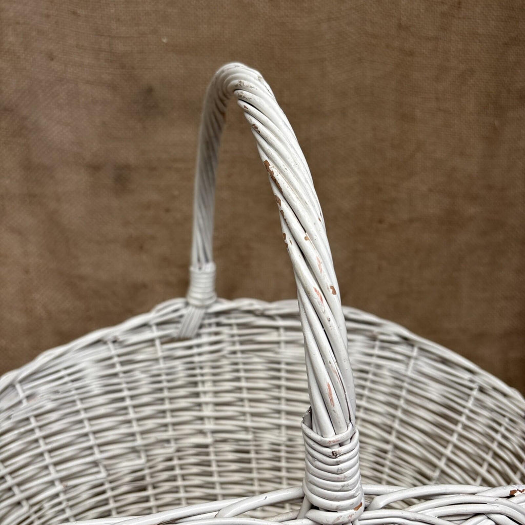 Vintage Wicker Flower Basket - Farmhouse - Cottage - Chippy White - Large
