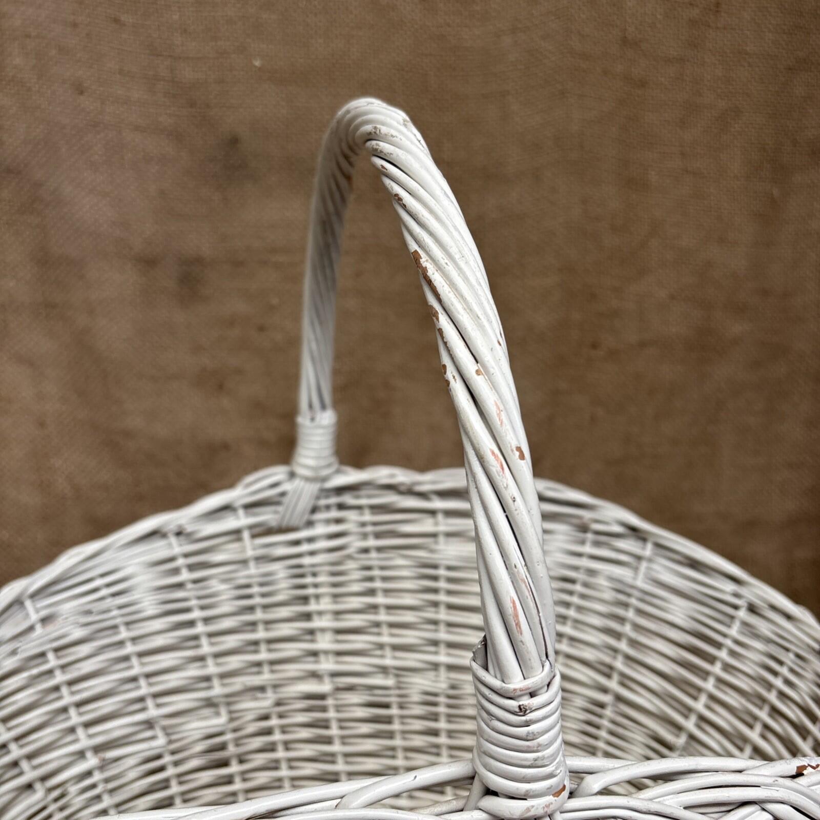 Vintage Wicker Flower Basket - Farmhouse - Cottage - Chippy White - Large