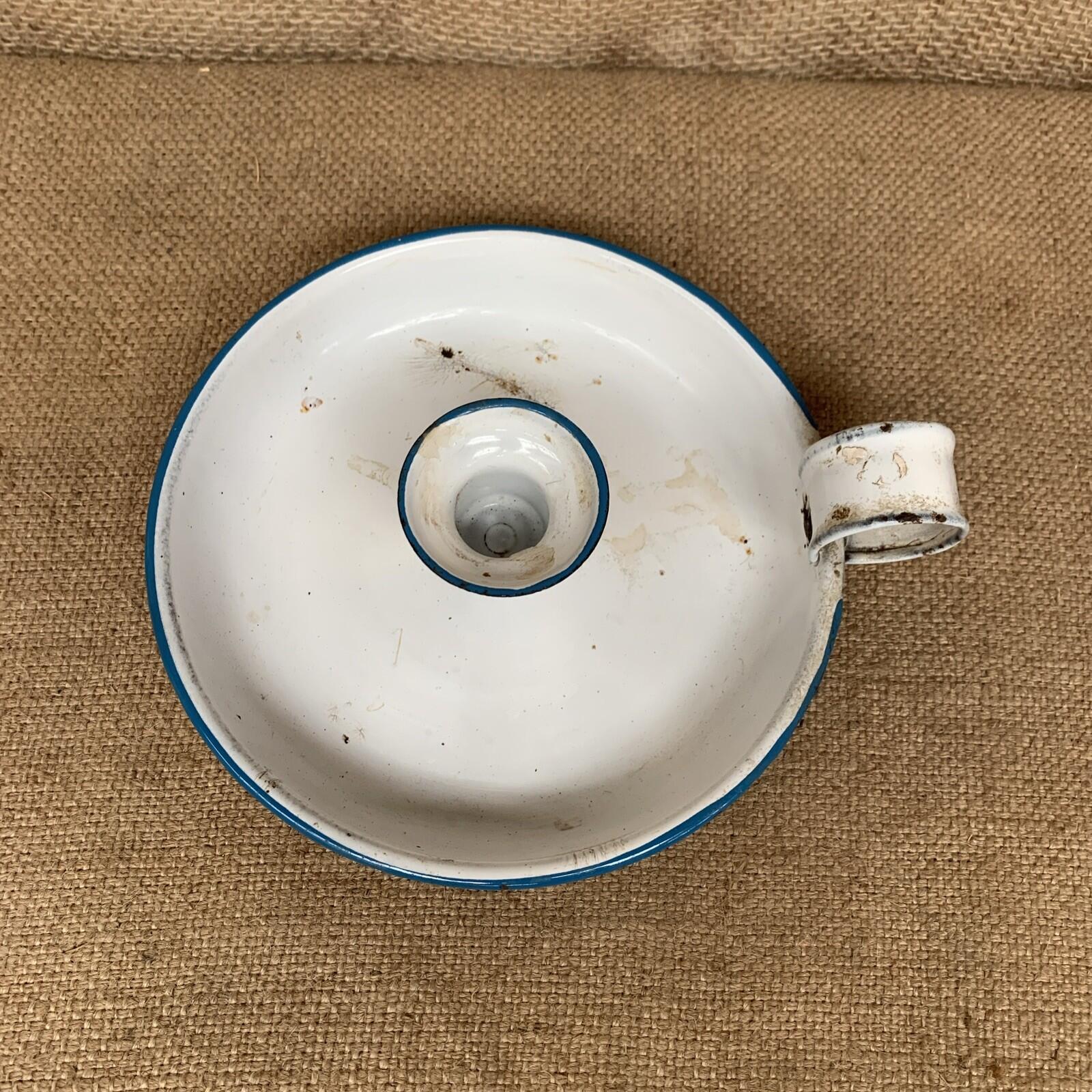 Rustic Candle Stick Holder Enamel White & Blue  / Farmhouse / Cottage