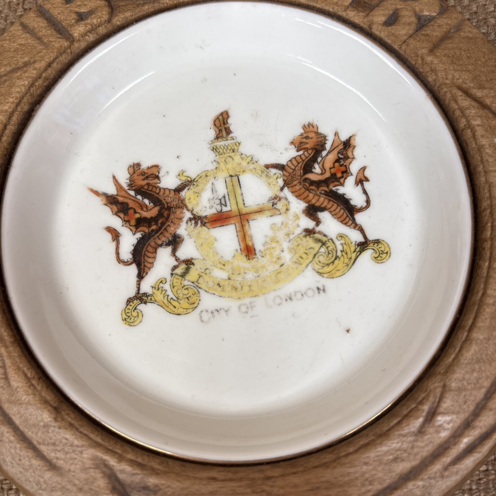 Antique Carved Wooden Butter Dish With City Of London Inner - Kitchenalia