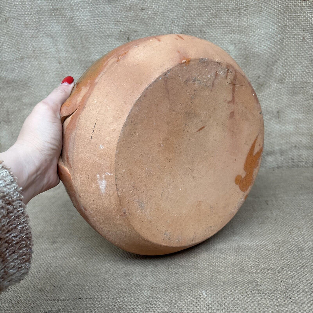 Large Terracotta Serving Bowl With Handles - Half Glazed - Vintage