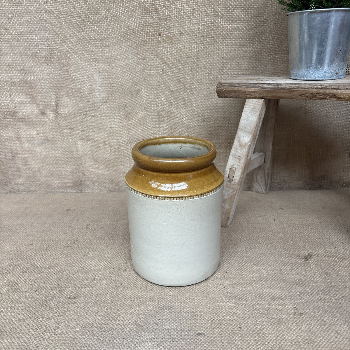 Vintage Stoneware Jar / Utensil Holder /  Two Tone Farmhouse Kitchen