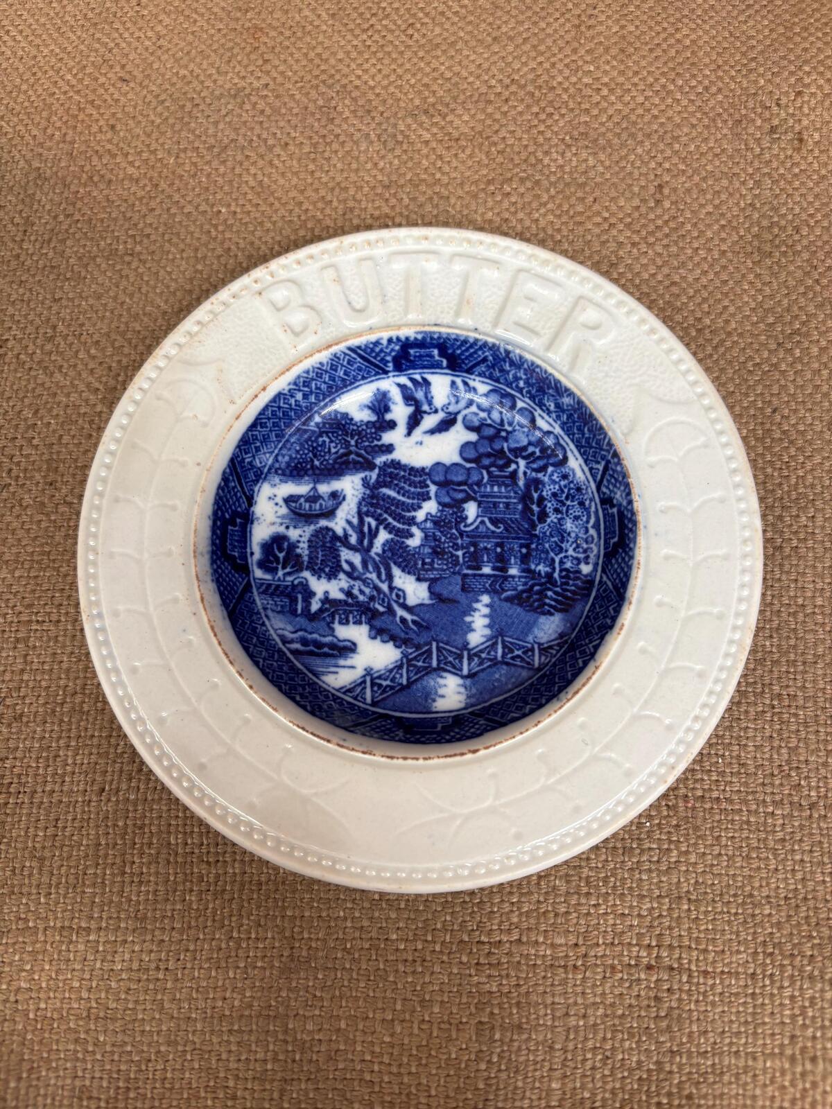 Antique Butter Plate - Ceramic - Willow Pattern - Blue and White - Kitchenalia