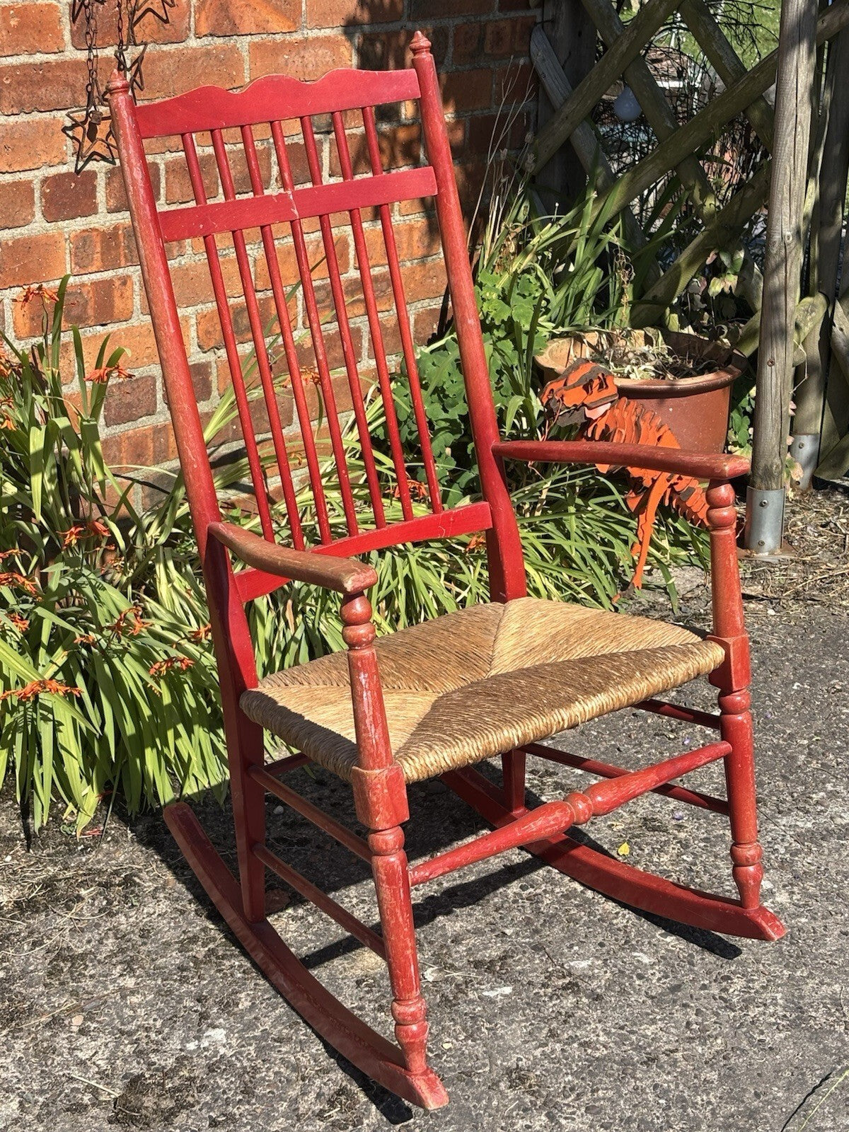 Antique Rocking Chair - Worn Red Paint & Rush Seat