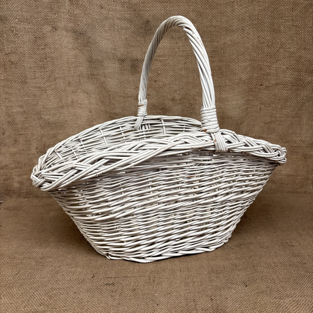 Vintage Wicker Flower Basket - Farmhouse - Cottage - Chippy White - Large