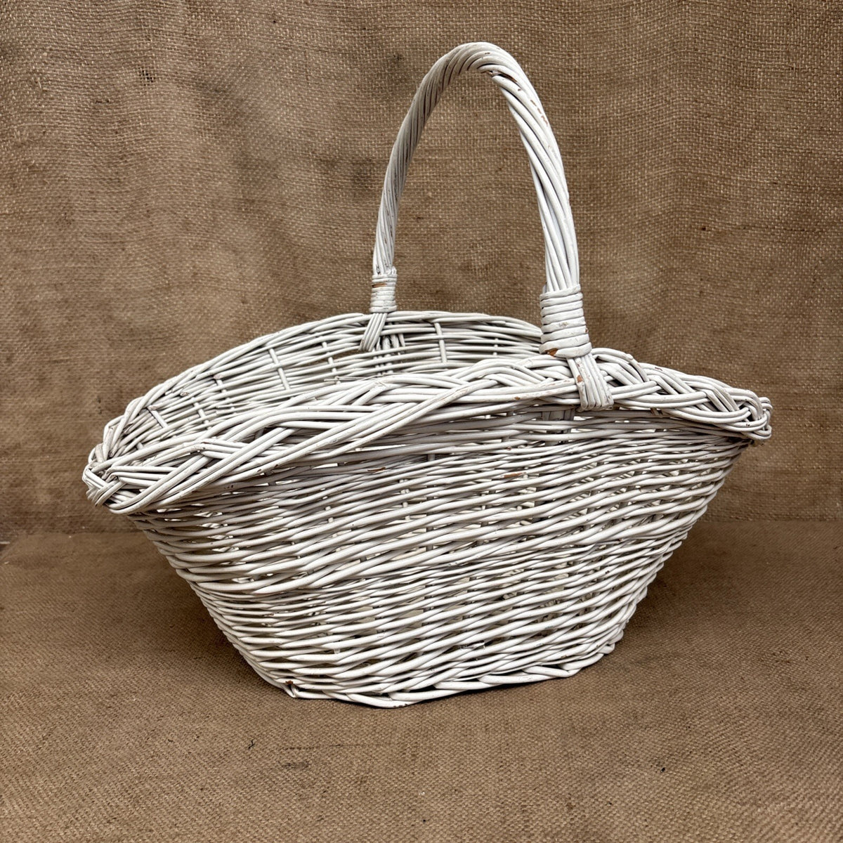 Vintage Wicker Flower Basket - Farmhouse - Cottage - Chippy White - Large
