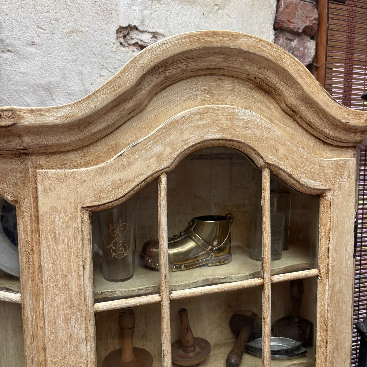Painted Wooden Wall Display Cabinet Glazed Curio Cupboard Vintage