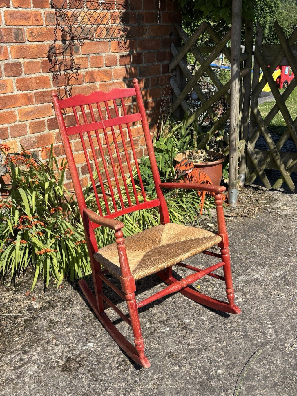 Antique Rocking Chair - Worn Red Paint & Rush Seat