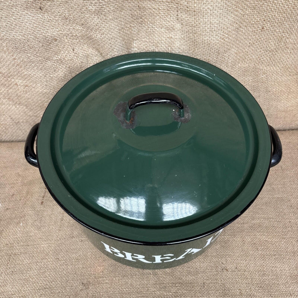 Vintage Polish Green & White Enamel Round Bread Bin with Handles Kitchenalia