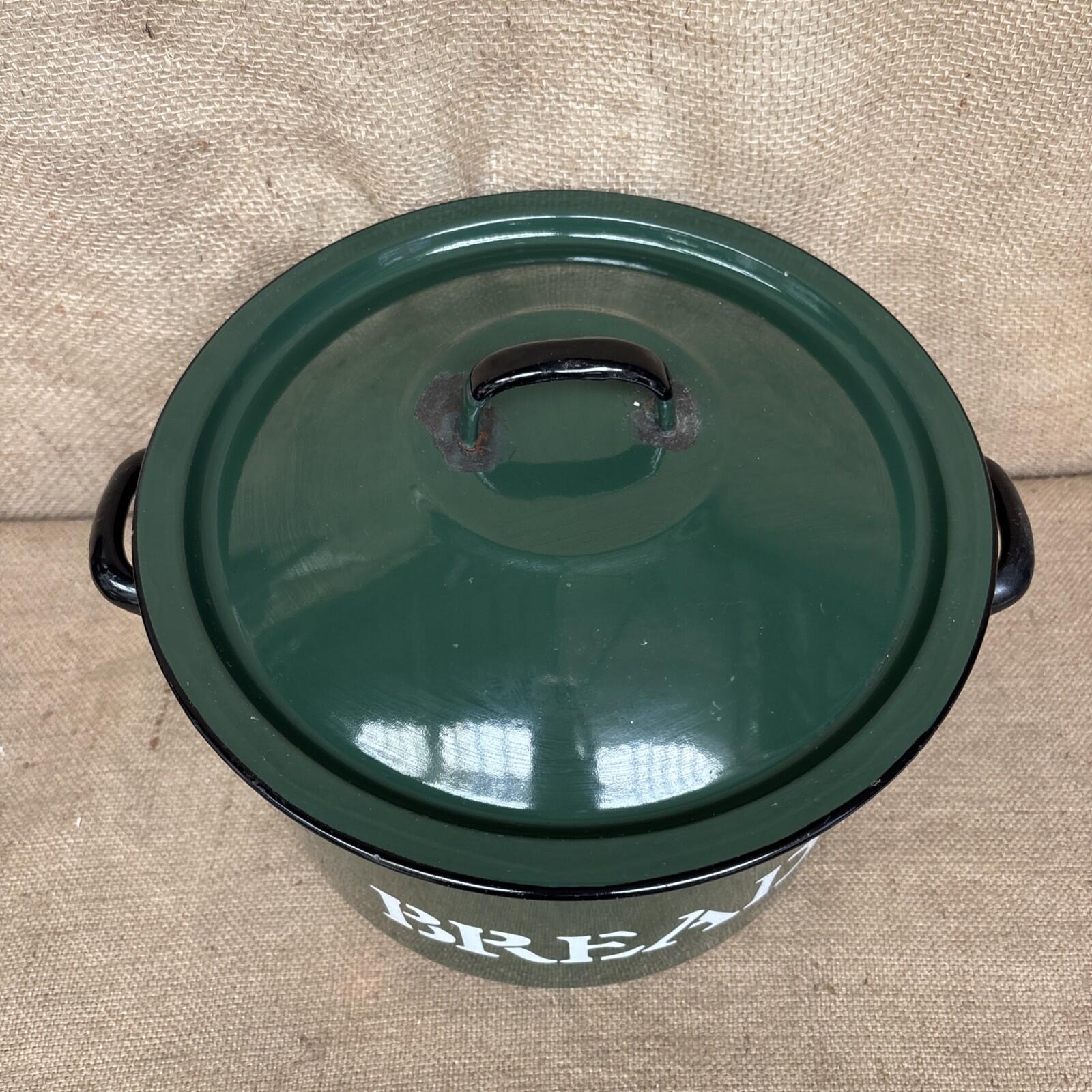 Vintage Polish Green & White Enamel Round Bread Bin with Handles Kitchenalia