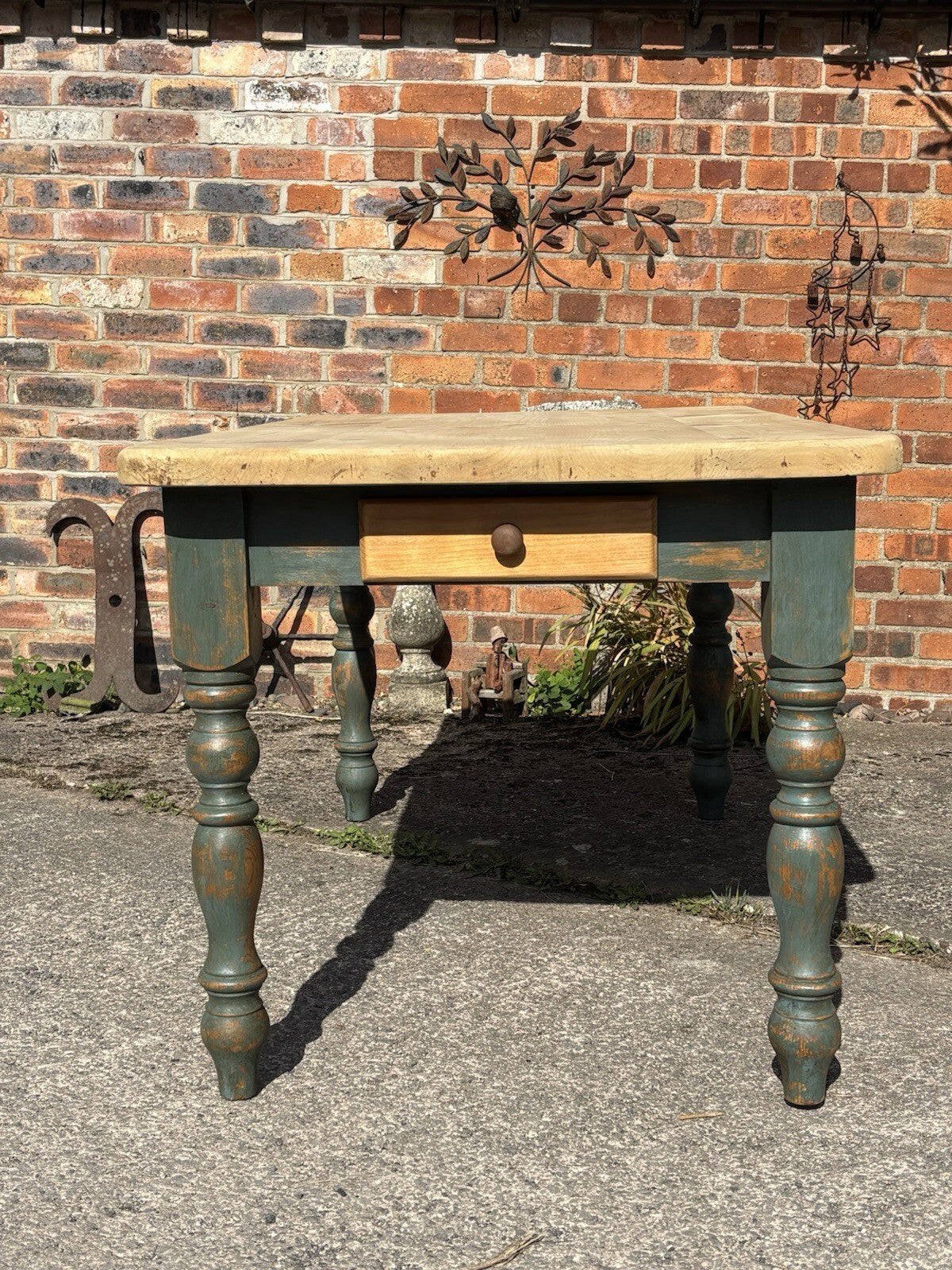 Pine Kitchen Table With Worn Painted Legs - Farmhouse - Cottage