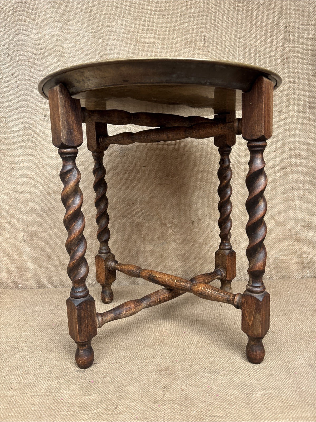 Vintage Barley Twist Folding Table With Brass Tray Top