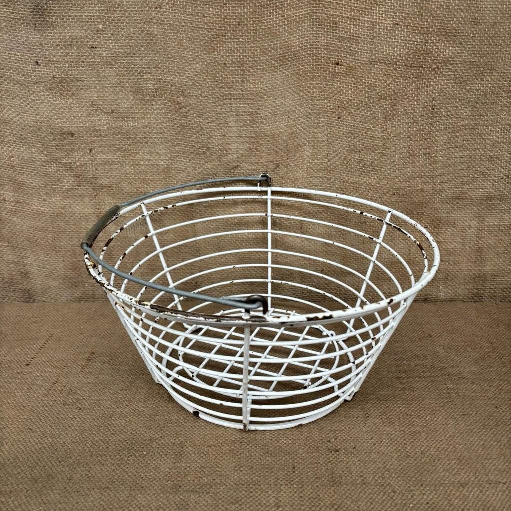 Wire Basket - White Worn Paint - Farmhouse Egg Basket - Cottage Garden - Vintage