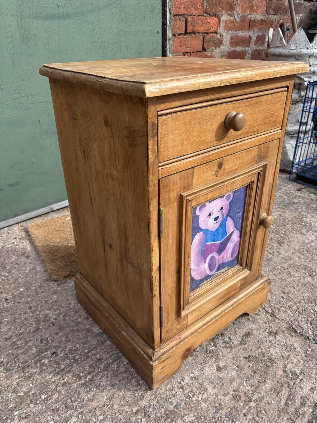 Vintage Pine Bedside Table - Kids - With Teddy Picture - Rustic - Farmhouse