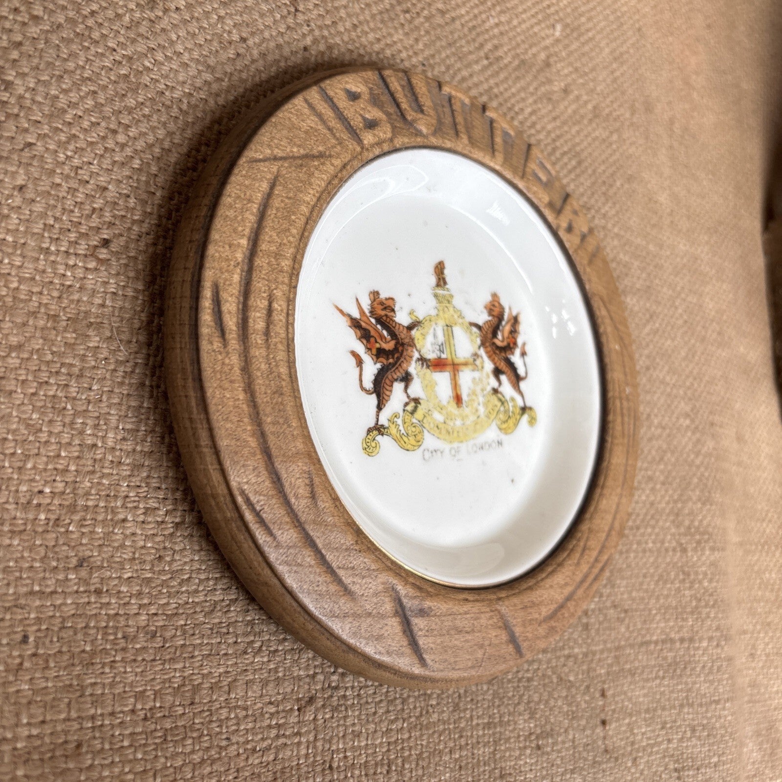Antique Carved Wooden Butter Dish With City Of London Inner - Kitchenalia
