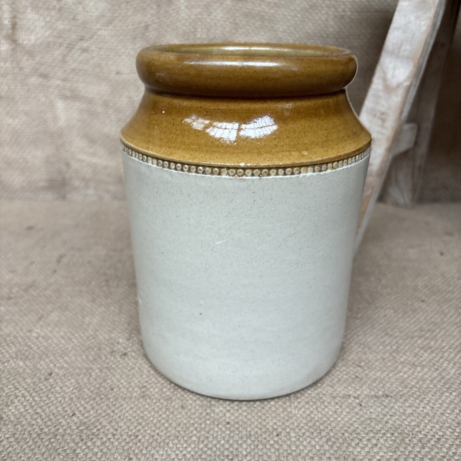 Vintage Stoneware Jar / Utensil Holder /  Two Tone Farmhouse Kitchen