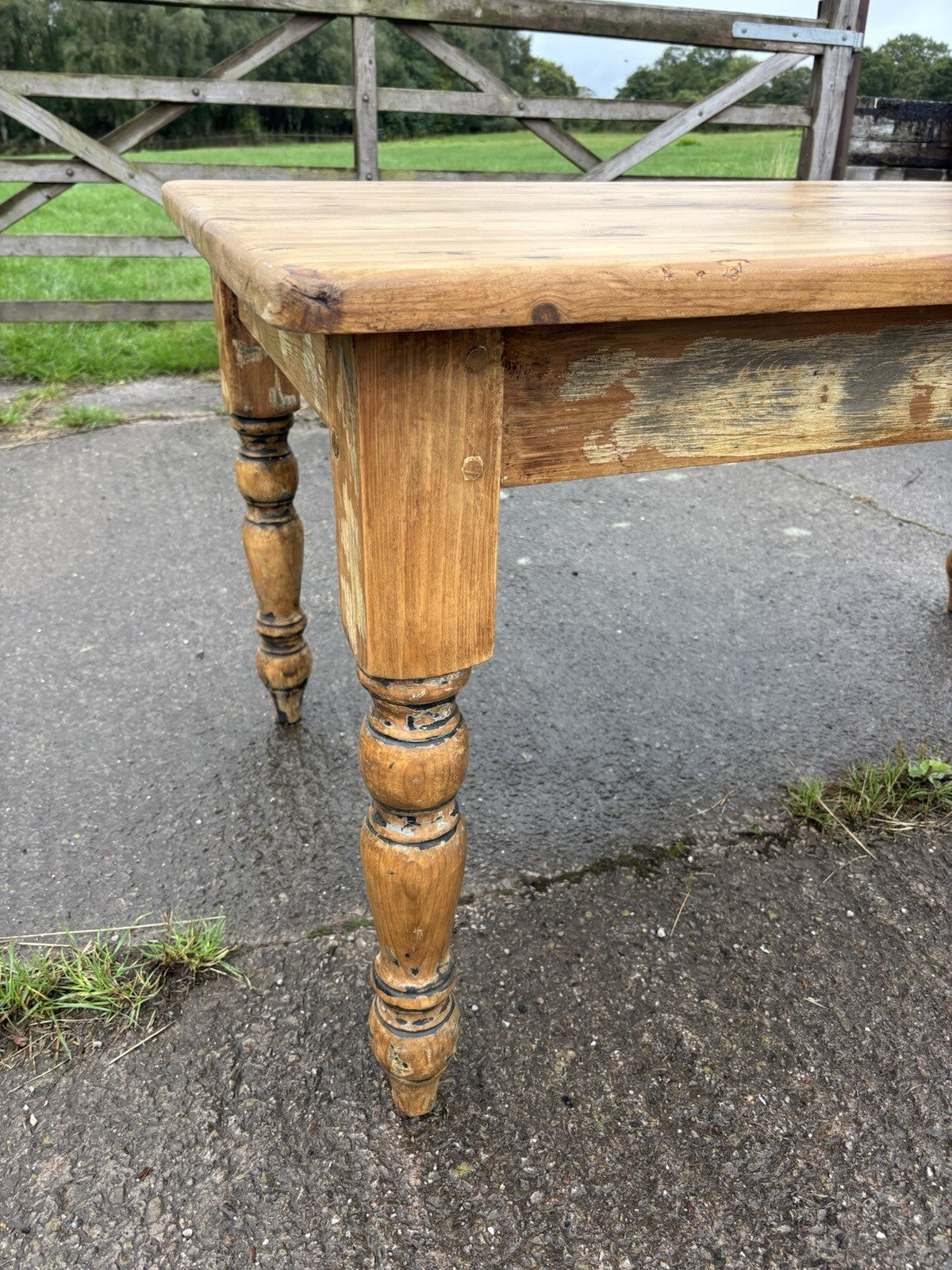 Pine Kitchen Table With Worn Painted Base - Farmhouse- Cottage 5ft