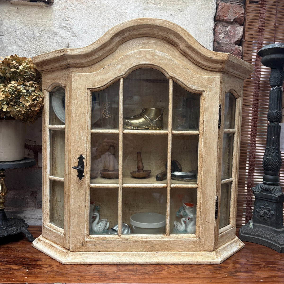 Painted Wooden Wall Display Cabinet Glazed Curio Cupboard Vintage
