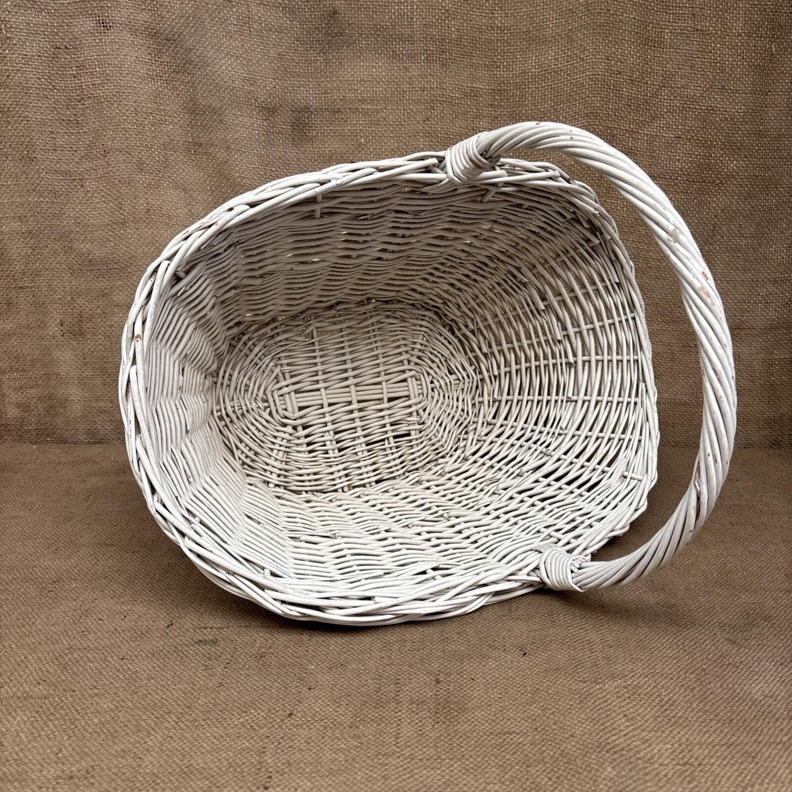 Vintage Wicker Flower Basket - Farmhouse - Cottage - Chippy White - Large