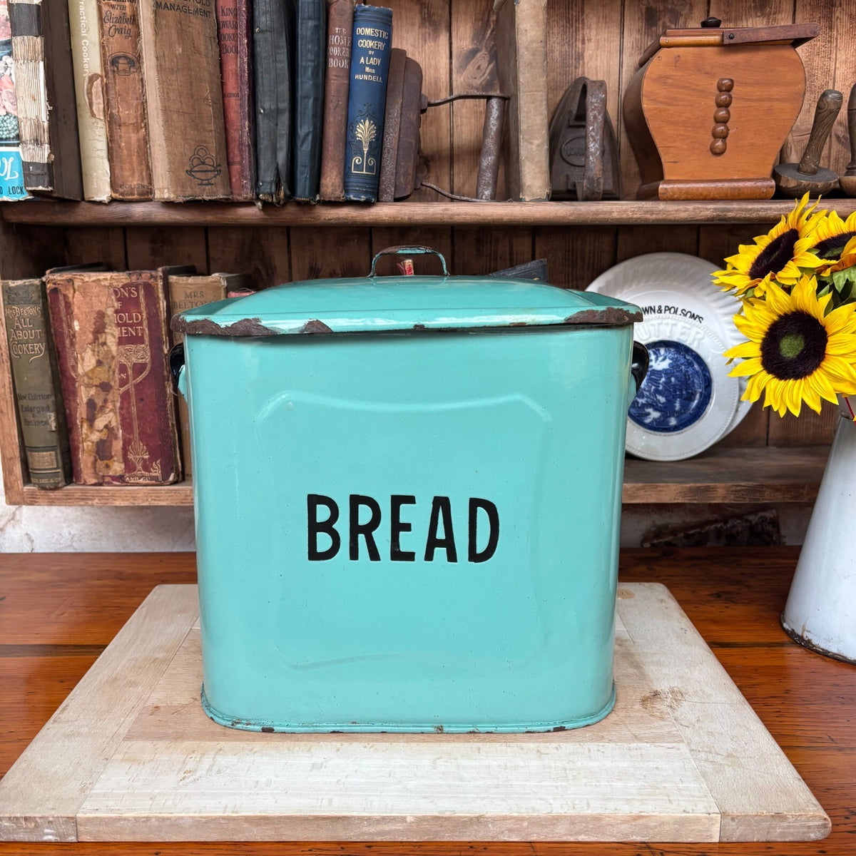 Vintage Enamel Sage Green Bread Bin - Farmhouse - Cottage - Rustic - Embossed